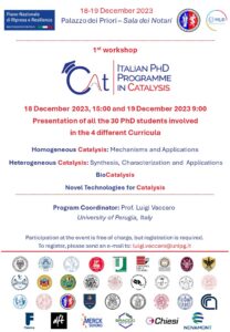 18 e 19 dicembre a Perugia – Kick-off meeting del Dottorato Nazionale in Catalisi